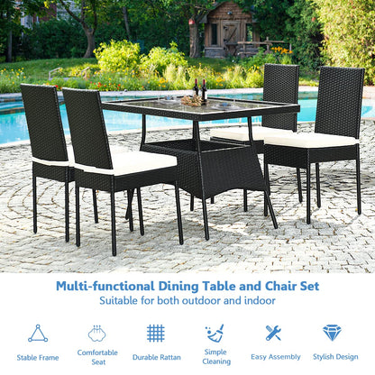 5 pcs Wicker Garden Table and Chairs Set with Tempered Glass Top & Removable Cushions