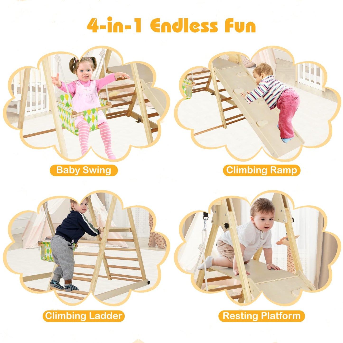 Kids Climbing Frame, Wooden Children Climber Playset with Swing, Ladder
