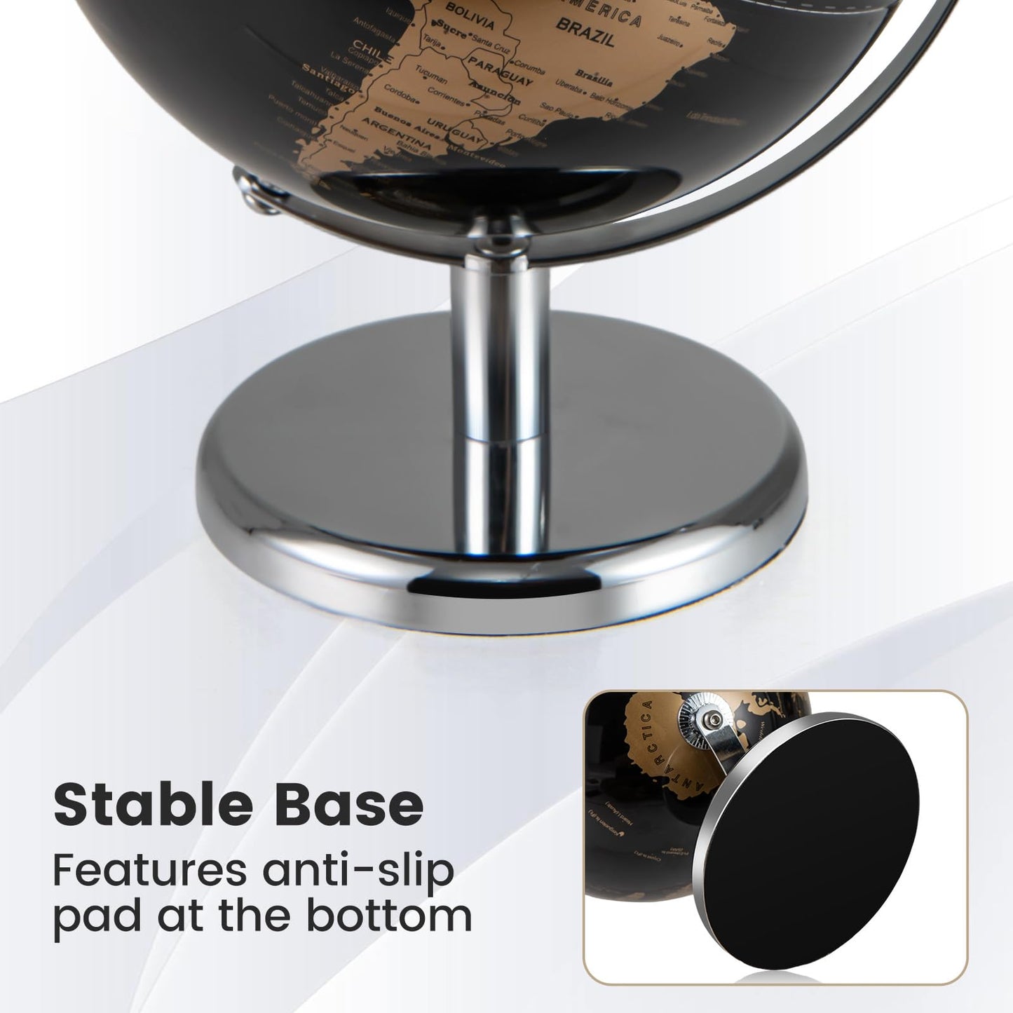 20CM Rotating Metallic Black World Globe with Metal Stand for Home School