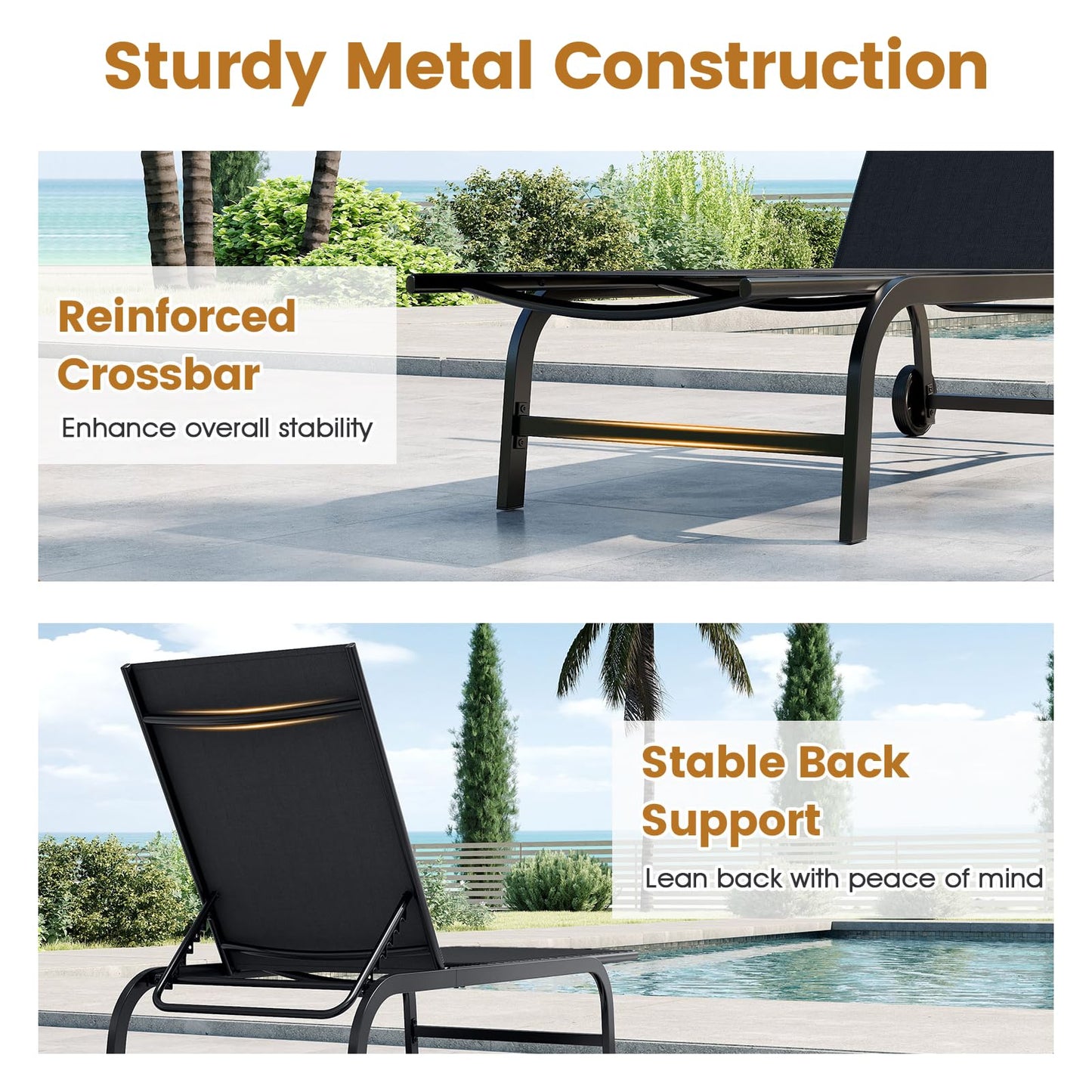 Garden Sun Lounger with Wheels, 6 Positions Adjustable Outdoor Chaise Lounge Chair
