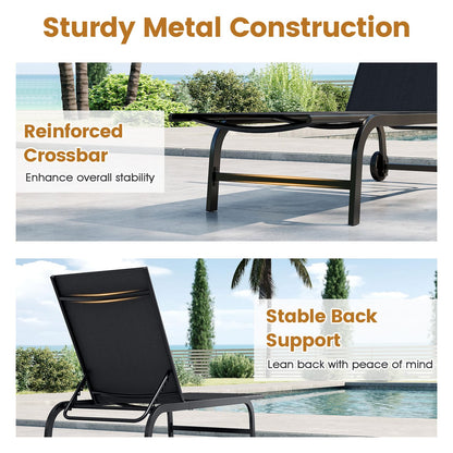 Garden Sun Lounger with Wheels, 6 Positions Adjustable Outdoor Chaise Lounge Chair