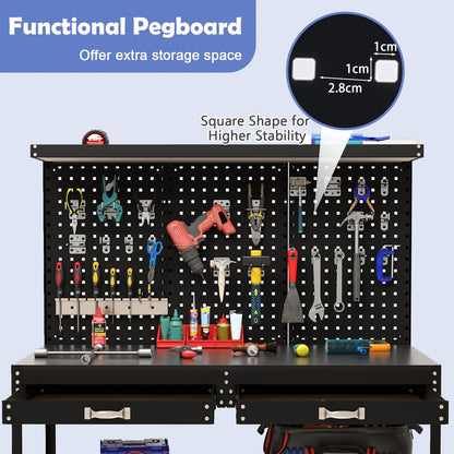 121x61x156cm Metal Workbench with Pegboard with 2 Drawers & 24 Hanging Accessories
