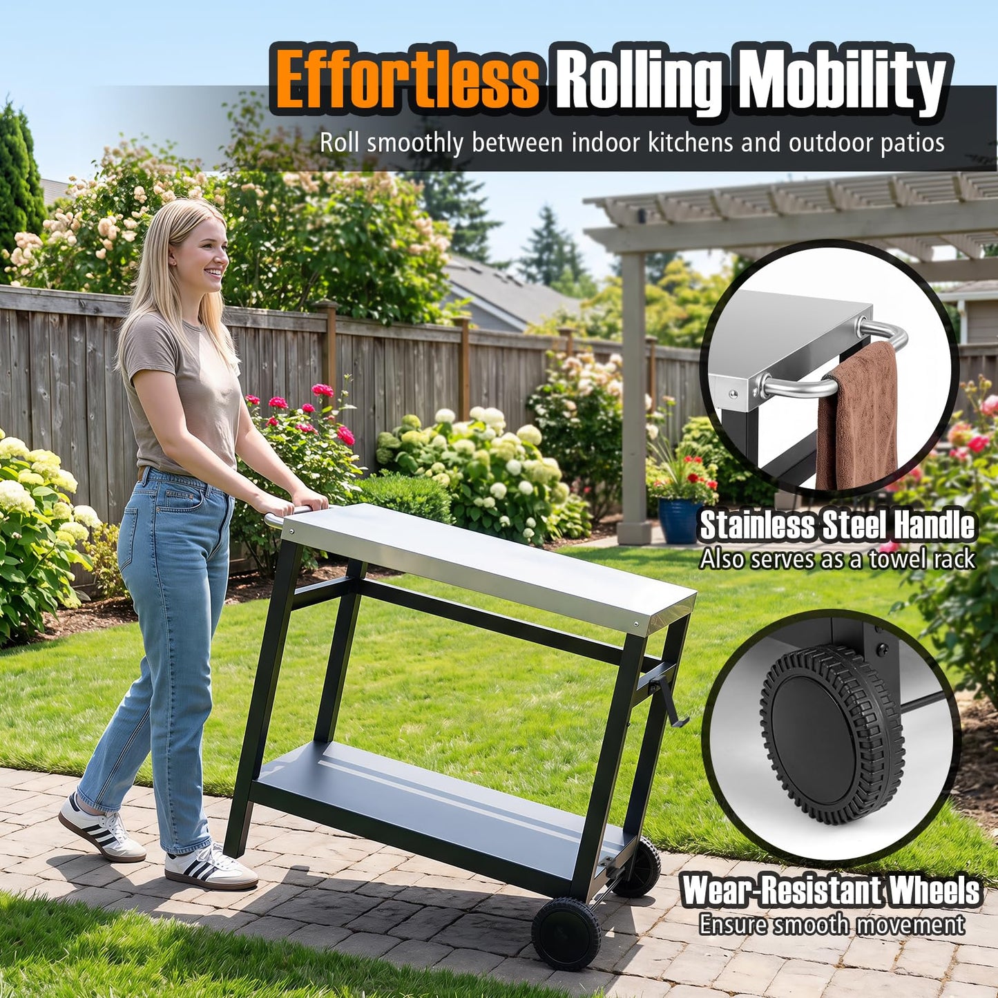 Outdoor Grill Dining Cart, Movable Pizza Oven Table Stand Trolley