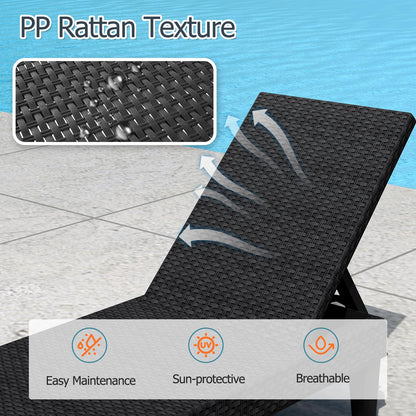 PP Rattan-Style Patio Chaise Lounge Deck Sunbed with 3-Position Adjustable Backrest and 6 Legs
