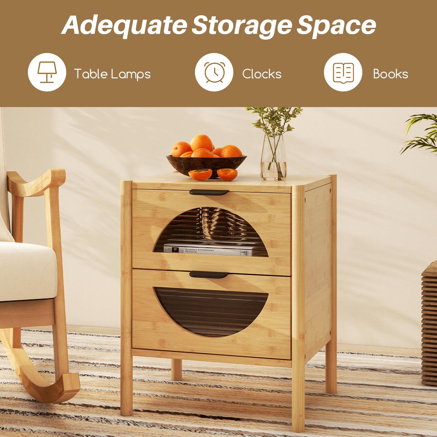 Bamboo Nightstand Mid-century Modern Bedside Table with 2 Storage Drawers