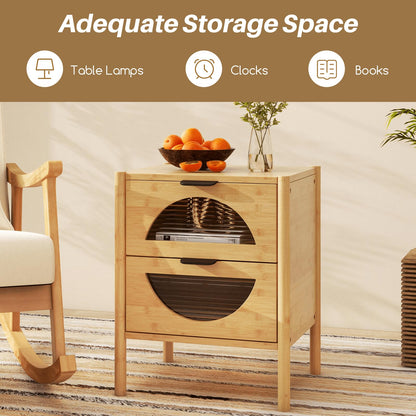 Bamboo Nightstand Mid-century Modern Bedside Table with 2 Storage Drawers