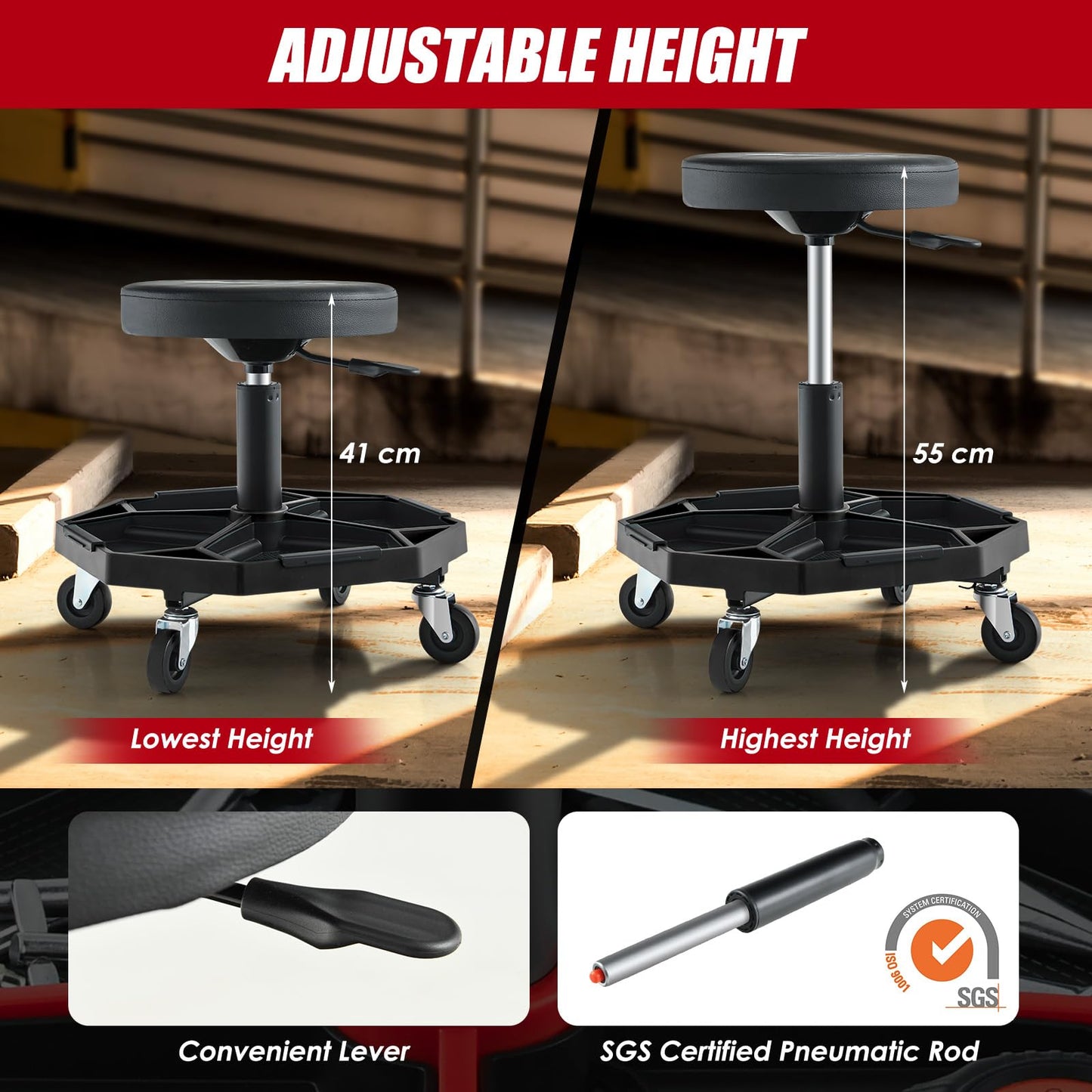 Rolling Mechanic Stool with Wheels & Tool Tray