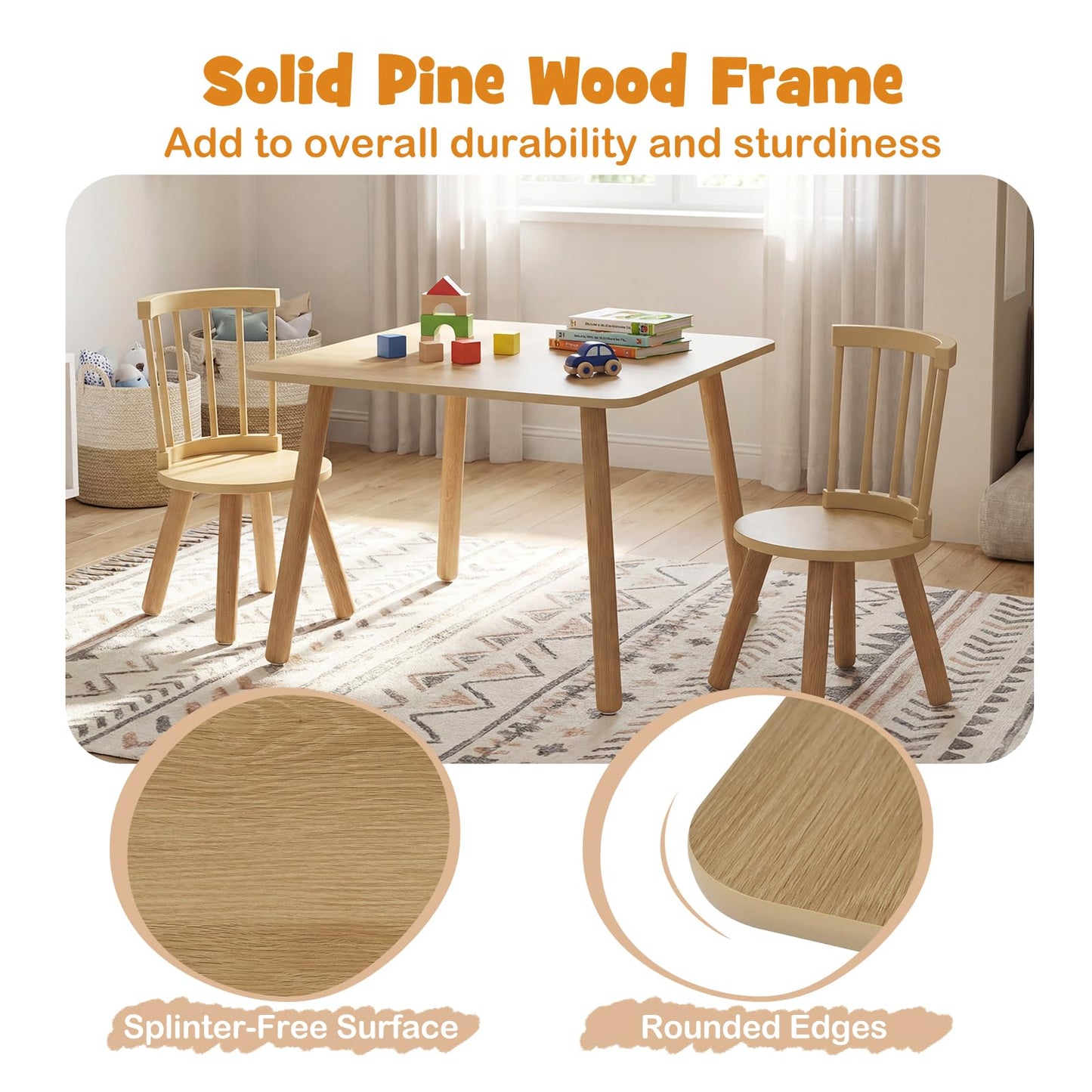 Kids Table and Chair Set, Wooden Toddler Play Table with Solid Wood Legs