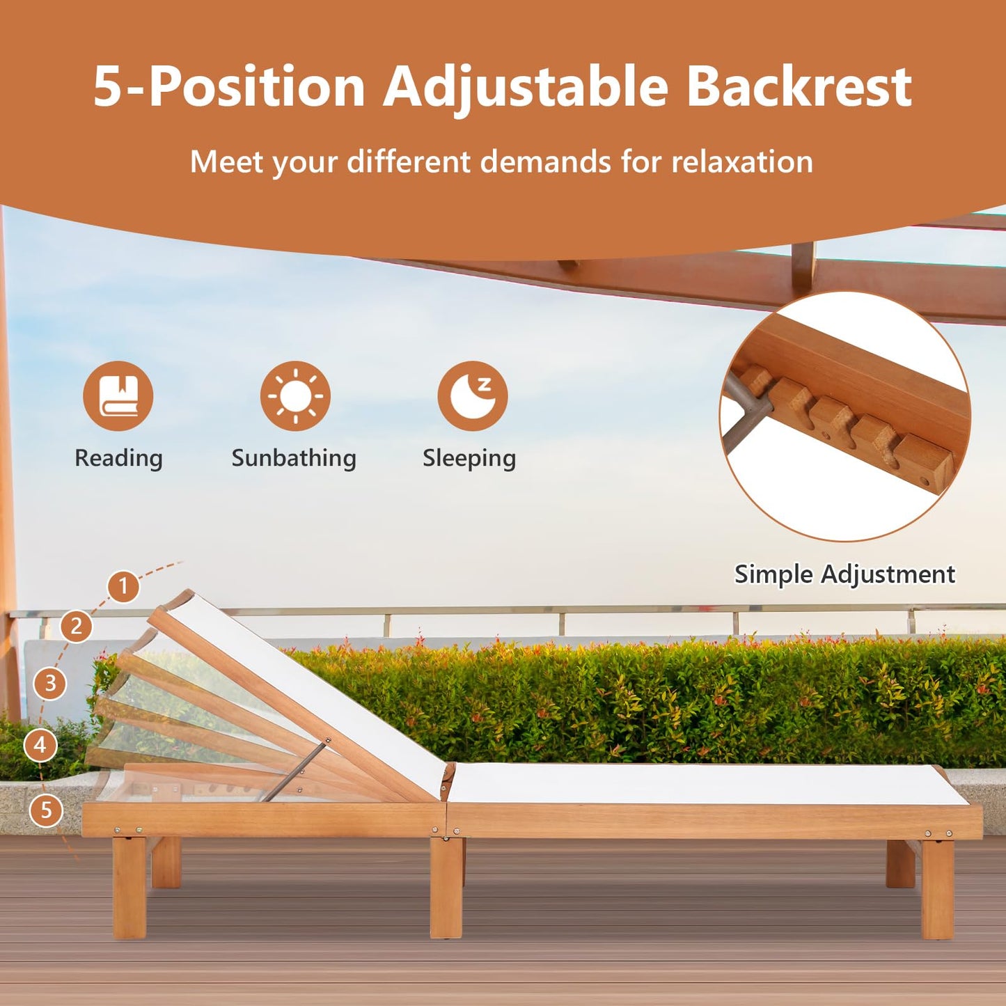 5-Postion Adjustable Patio Chaise Lounge Chair Deck Sunbed