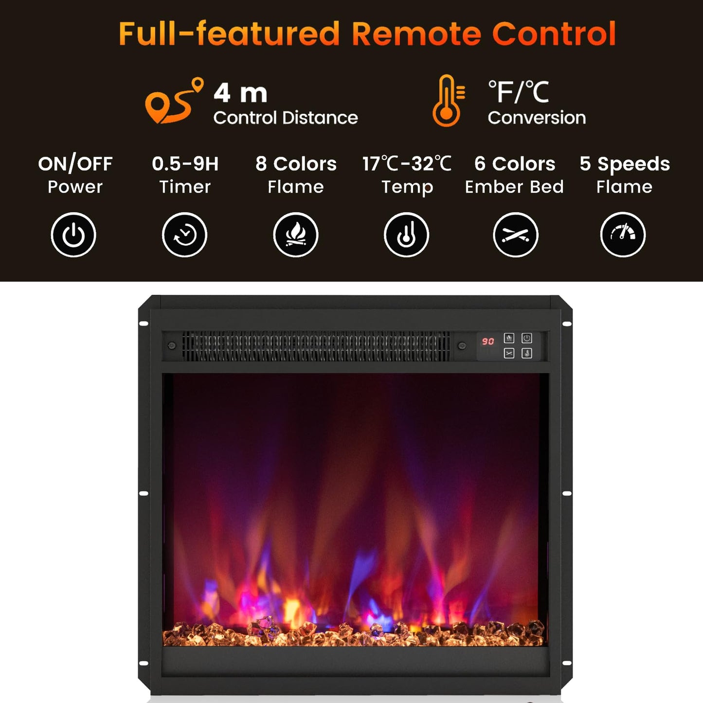 18/23 inch Electric Fireplace Insert Recessed 1500W Fireplace Heater with Remote Control