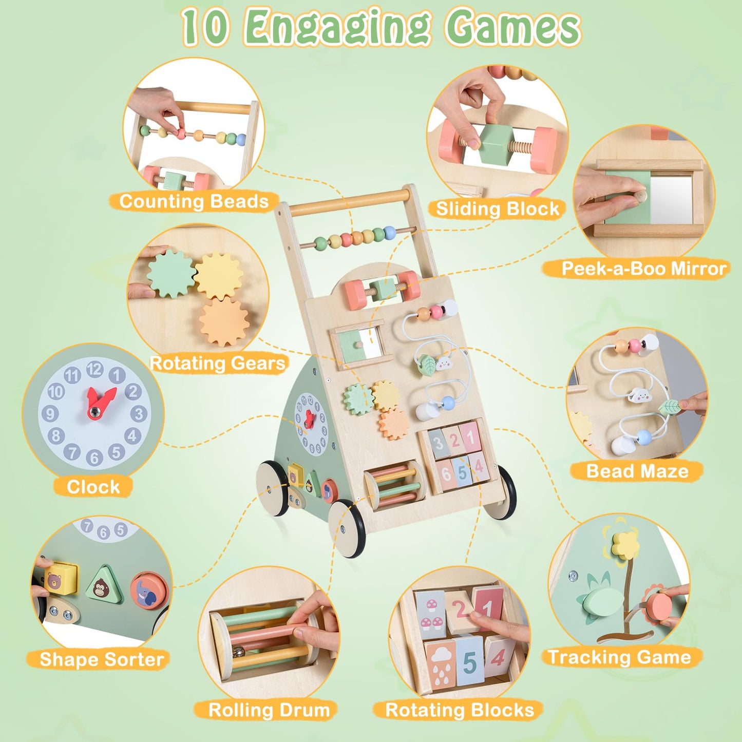 Wooden Baby Walker, 10 in 1 Toddler Push Along Toy with Activity Center