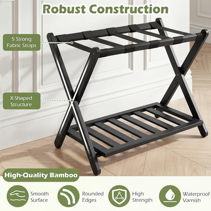 Bamboo Luggage Rack, Folding Suitcase Stand with Straps and Storage Shelf