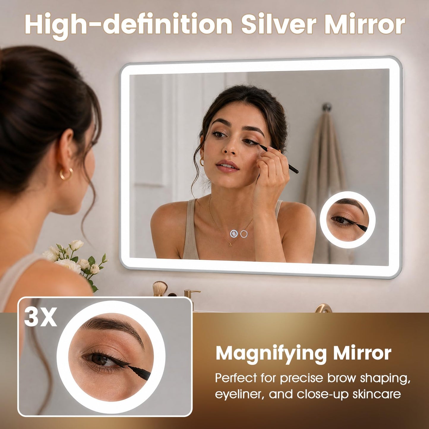 600x800mm Bathroom Mirror with LED Lights, 3x Magnifier, Anti-Fog
