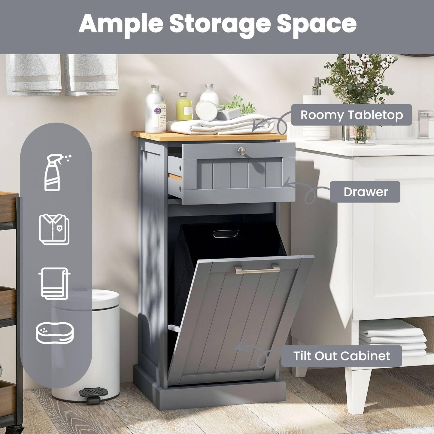 Laundry Cabinet with Basket Freestanding Tilt Out Laundry Hamper with Drawer