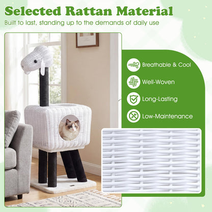 Cat Tree 110cm Lamb-Shaped Cat Tower with 2-Door Rattan Condo Sisal Scratching Posts