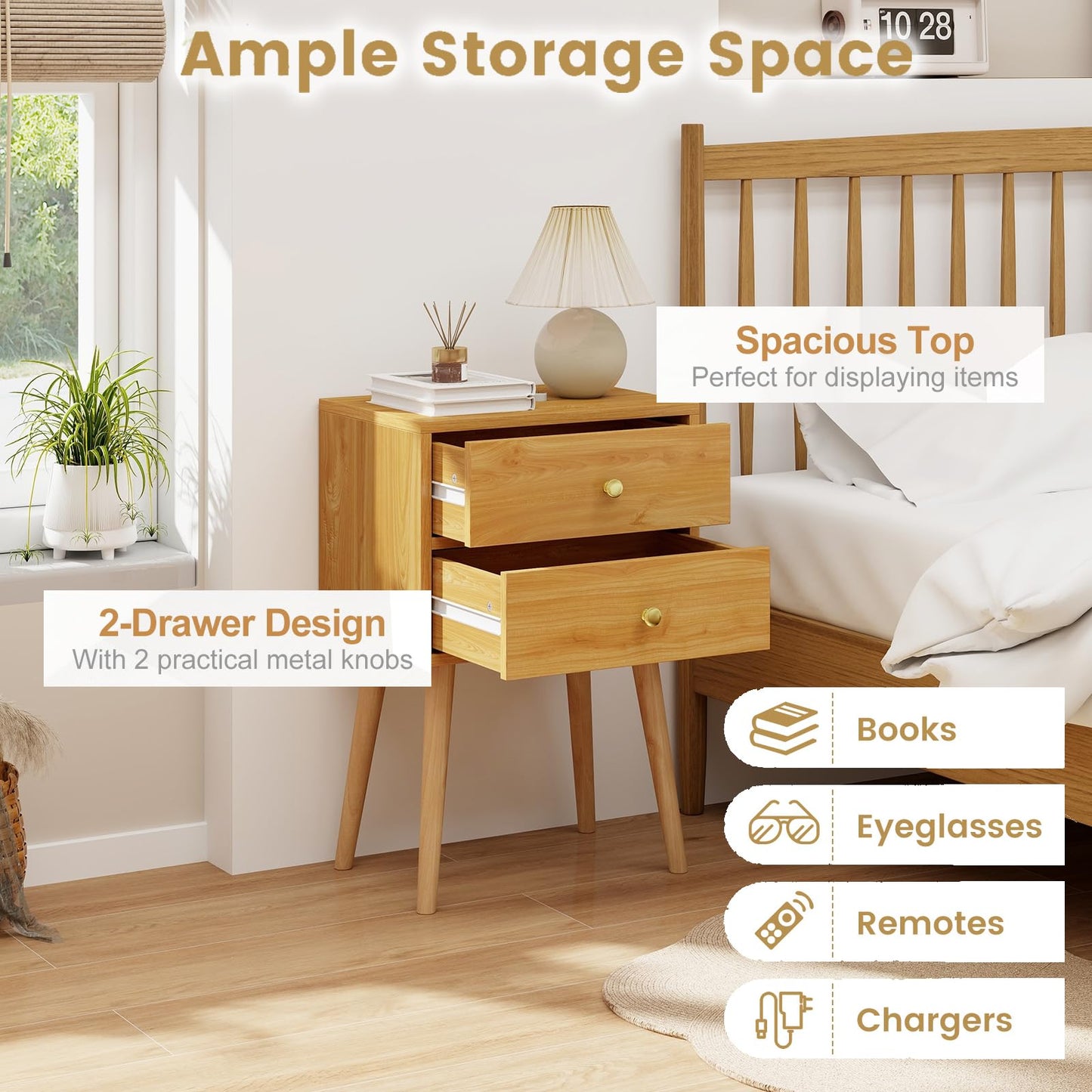 2-Drawer Nightstand with Solid Wood Legs for Bedroom