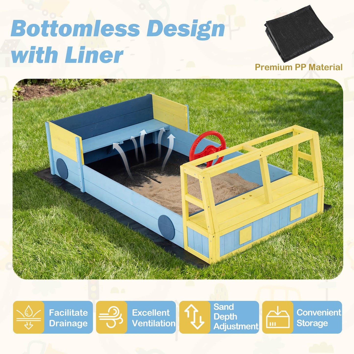 Kids Wooden Sandbox Large Car-Theme Sand Box with Bottom Liner Frame