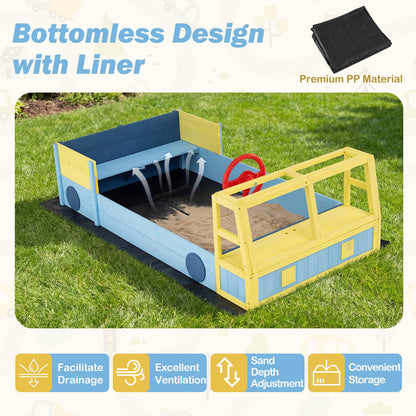 Kids Wooden Sandbox Large Car-Theme Sand Box with Bottom Liner Frame