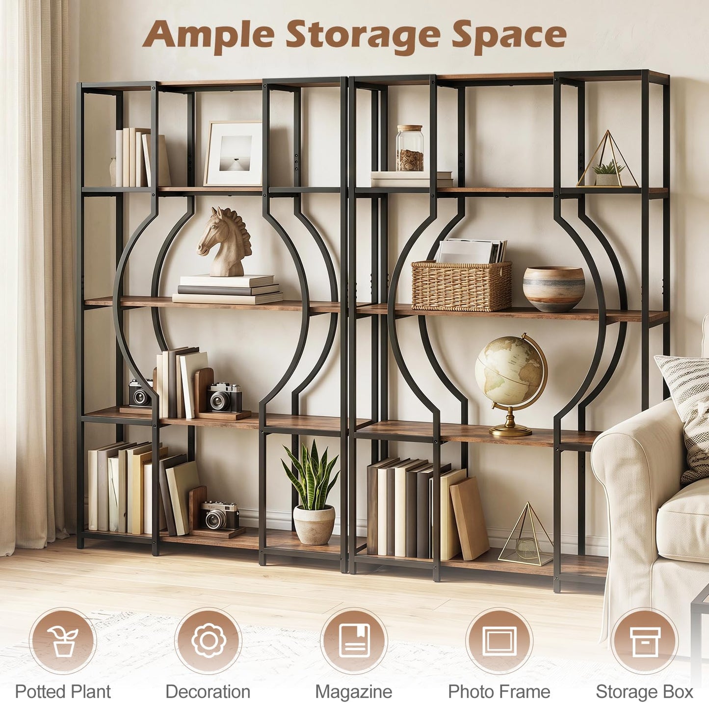 Industrial Etagere Bookcase with Arc-Shaped Design and Open Shelves