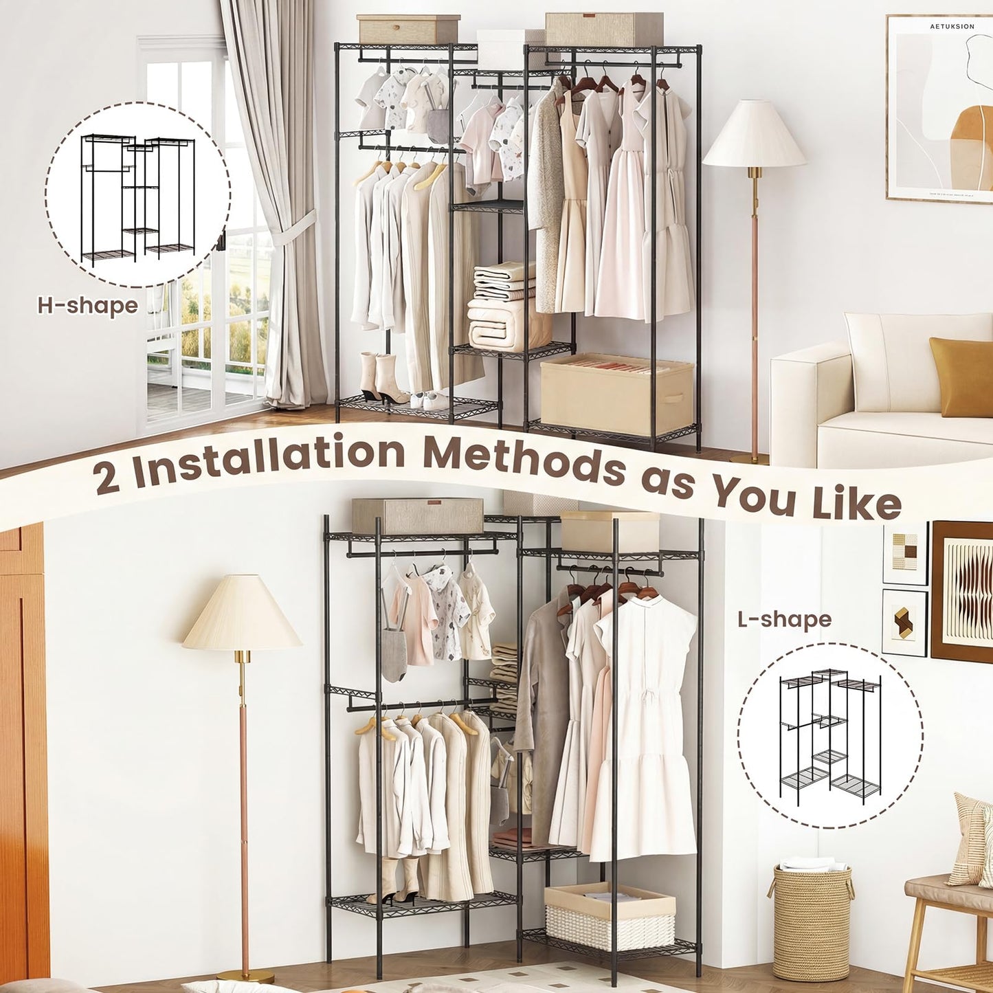 Portable Wardrobe Convertible Clothes Organizer with L-shape and Horizontal Installation