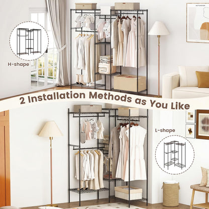 Portable Wardrobe Convertible Clothes Organizer with L-shape and Horizontal Installation