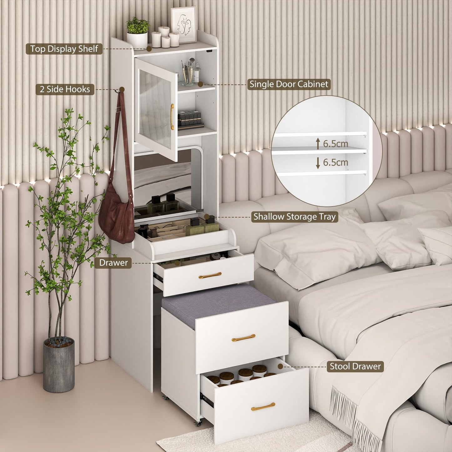 Small Dressing Table with Flip Up Mirror and Cushioned Storage Stool