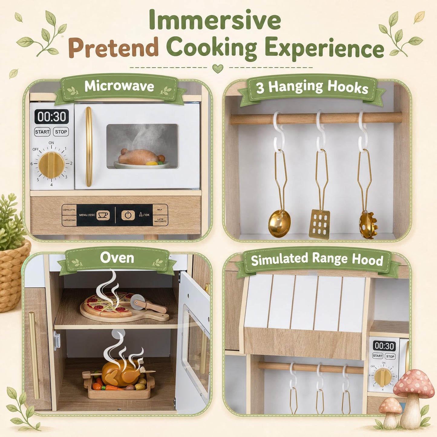 Kids Play Kitchen, Wooden Toy Kitchen with Stoves, Ice Maker, Oven