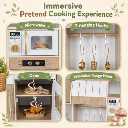 Kids Play Kitchen, Wooden Toy Kitchen with Stoves, Ice Maker, Oven