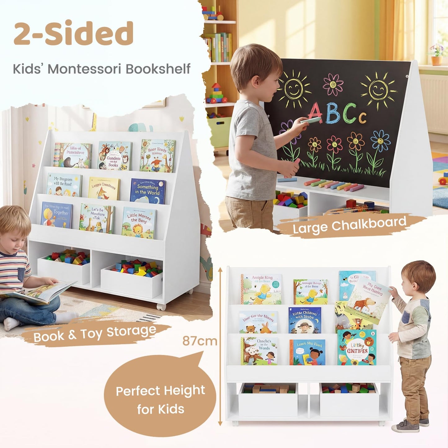Double-Sided Kids Bookshelf Toddler Book Shelf on Wheels with Chalkboard