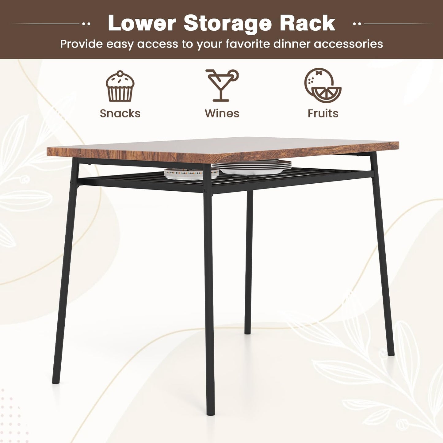 Rectangular Breakfast Kitchen Table Set with 4 Chairs and Storage Rack