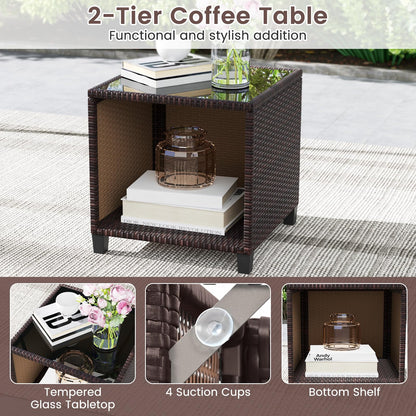 3 Piece Outdoor Patio Furniture Set with Glass Coffee Table and Storage Compartment