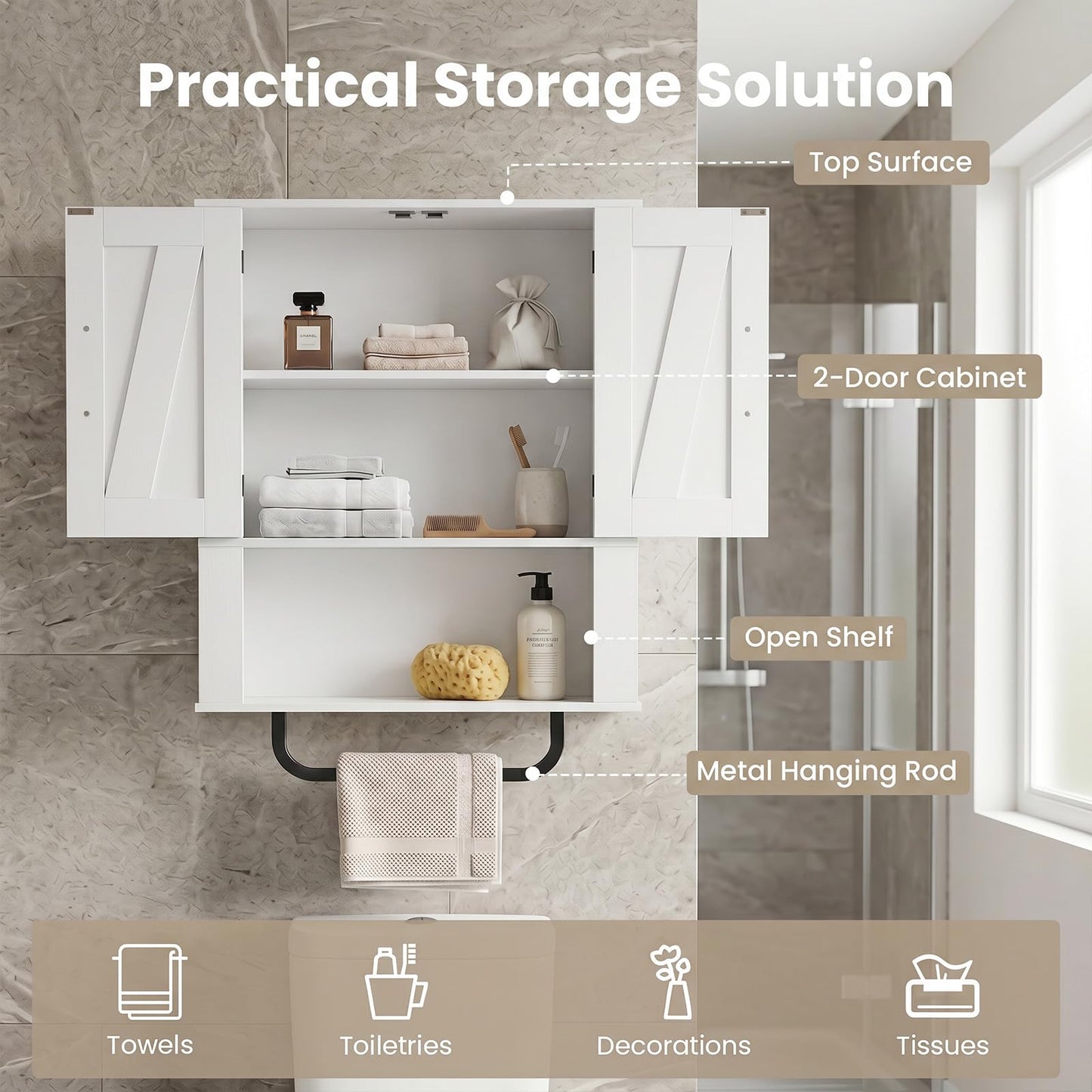 Bathroom Wall Cabinet Farmhouse Wall Mounted Organizer with 2 Barn Doors