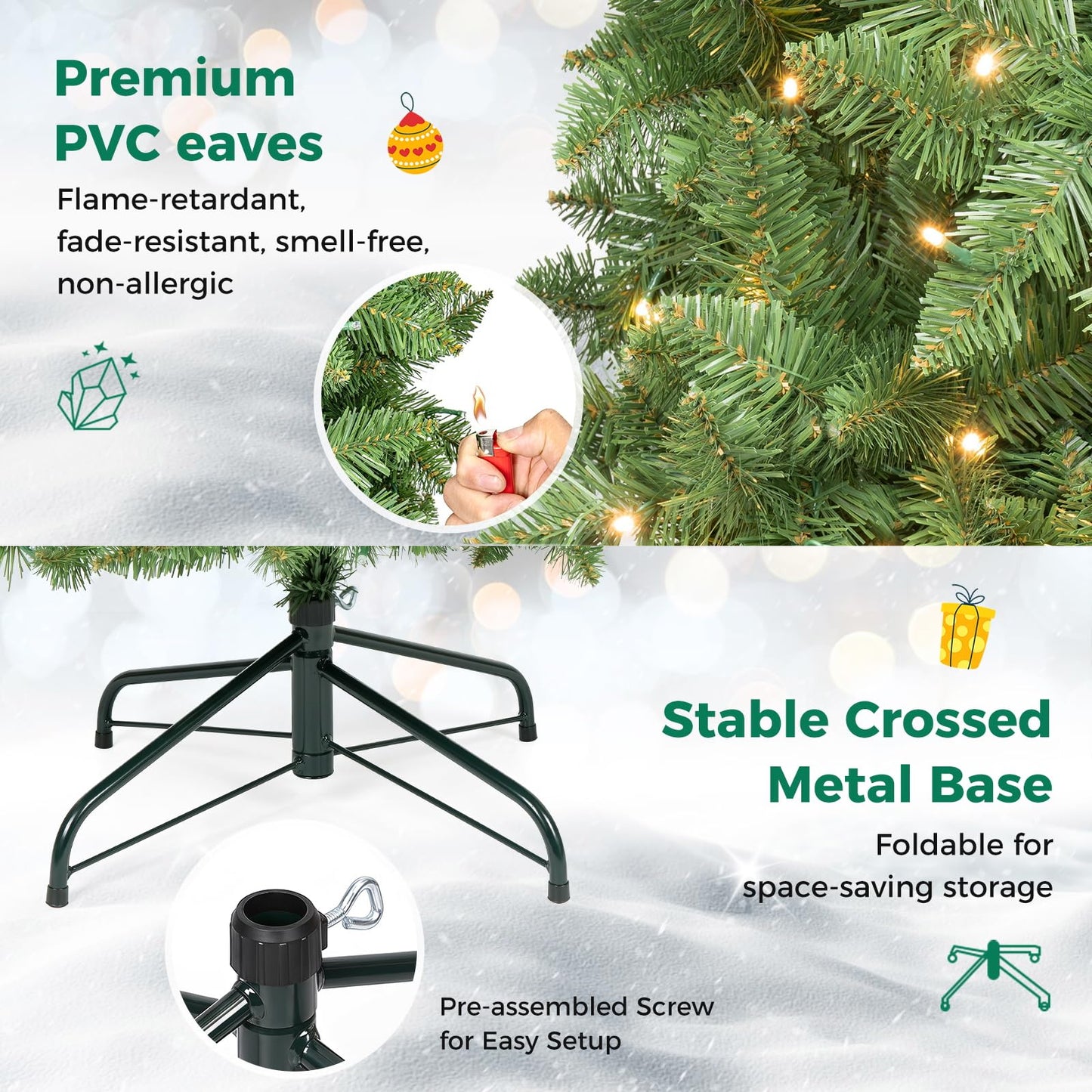 Hinged Pencil Xmas Tree with LED Lights, Foldable Metal Stand
