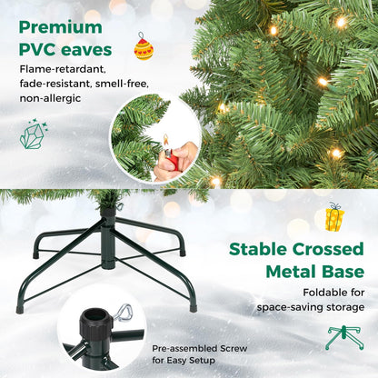 Hinged Pencil Xmas Tree with LED Lights, Foldable Metal Stand