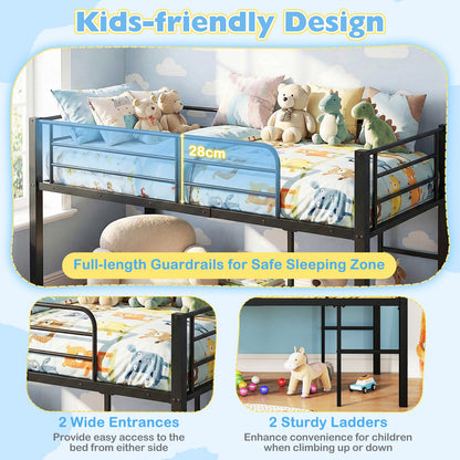 Single Size Low Loft Bed Metal Bed Frame with Safety Guardrails and 2 Ladders