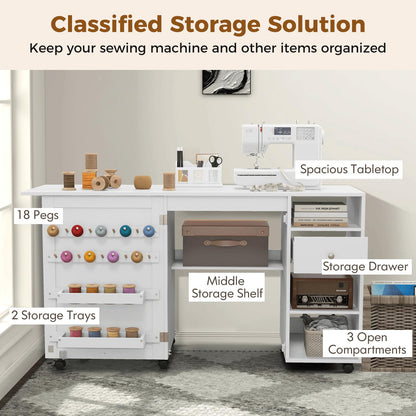 Folding Sewing Table with Storage Shelves and Trays