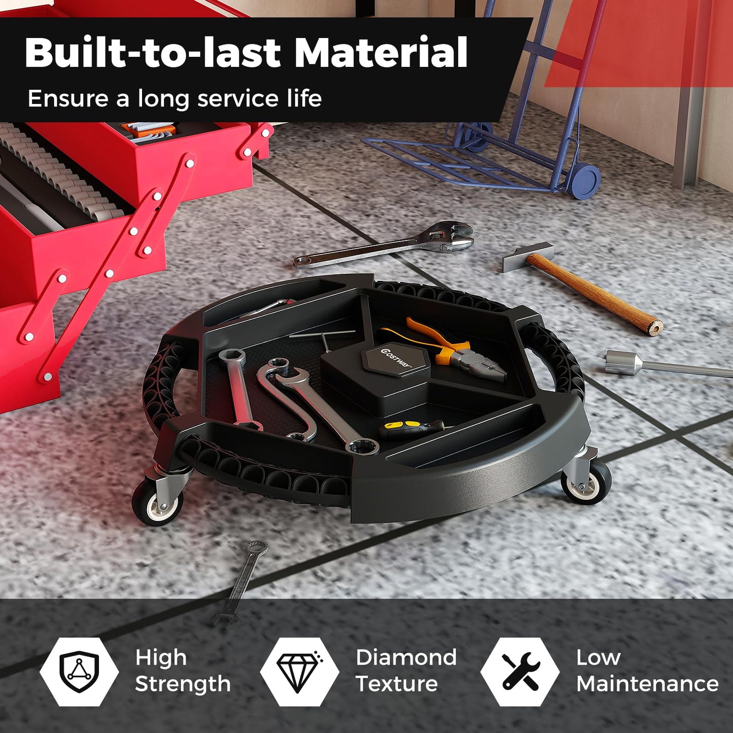 Mobile Automotive Tool Creeper with 3 Swivel Casters and 4 Compartments