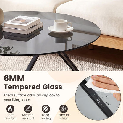Round Tempered Glass Coffee Table with Triangle Metal Frame for Living Room