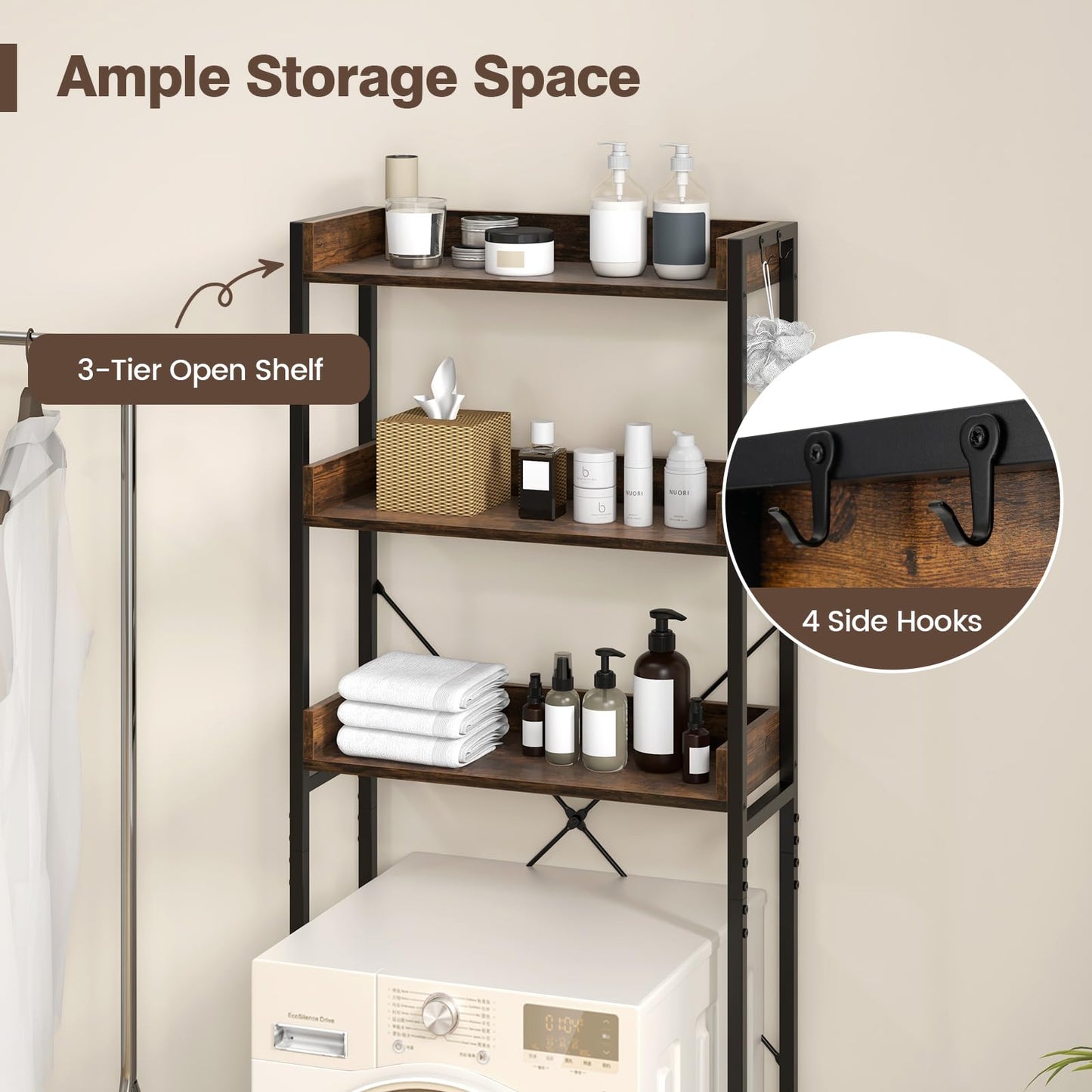 3-Tier Over The Toilet Storage Rack with 4 Hooks and Adjustable Bottom Bar
