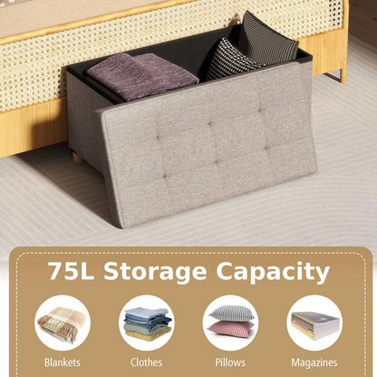 Linen Fabric Storage Ottoman Bench with Tray and Rubber Wood Legs