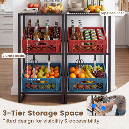 3-Tier Drink Crate Rack, Metal Bottle Storage Shelf with 3 Adjustable Angles & 2 Hooks