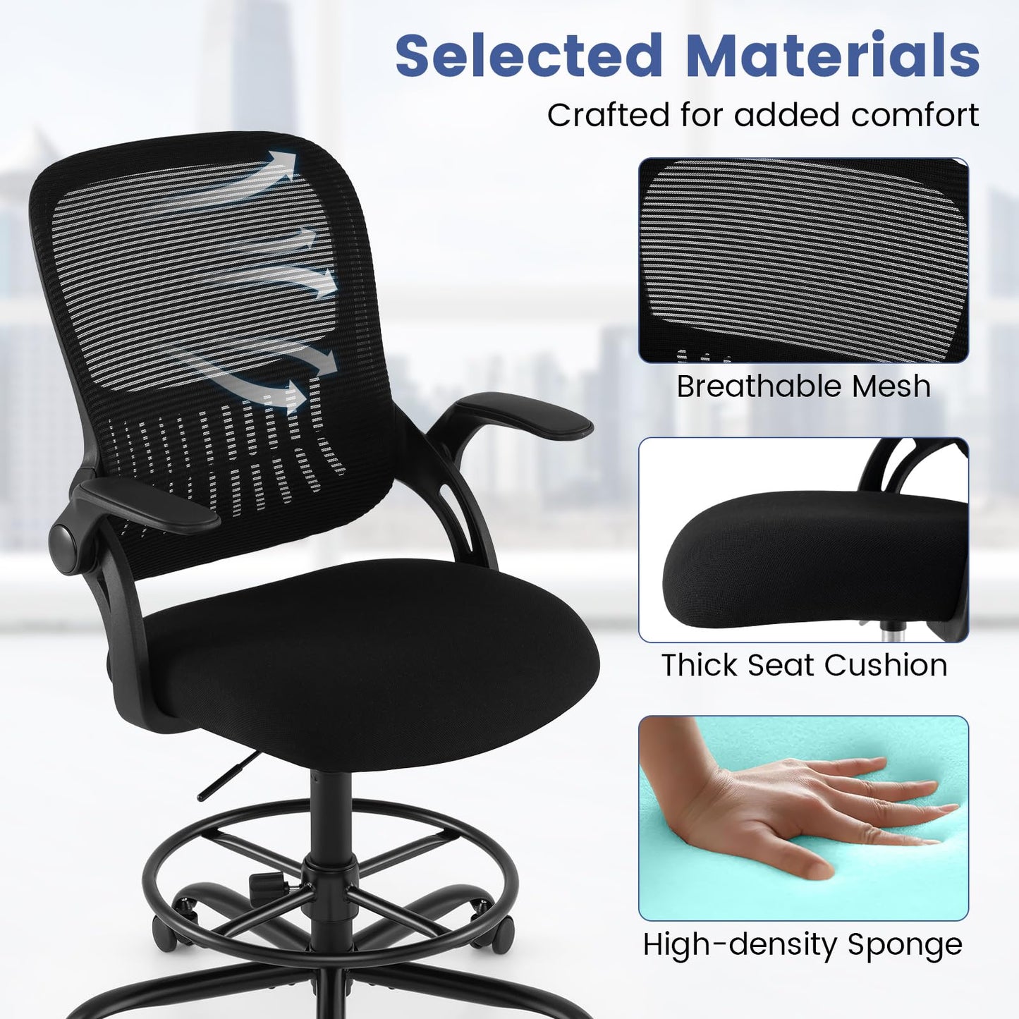 Mesh Drafting Chair, Ergonomic Swivel Office Chair with Adjustable Footrest