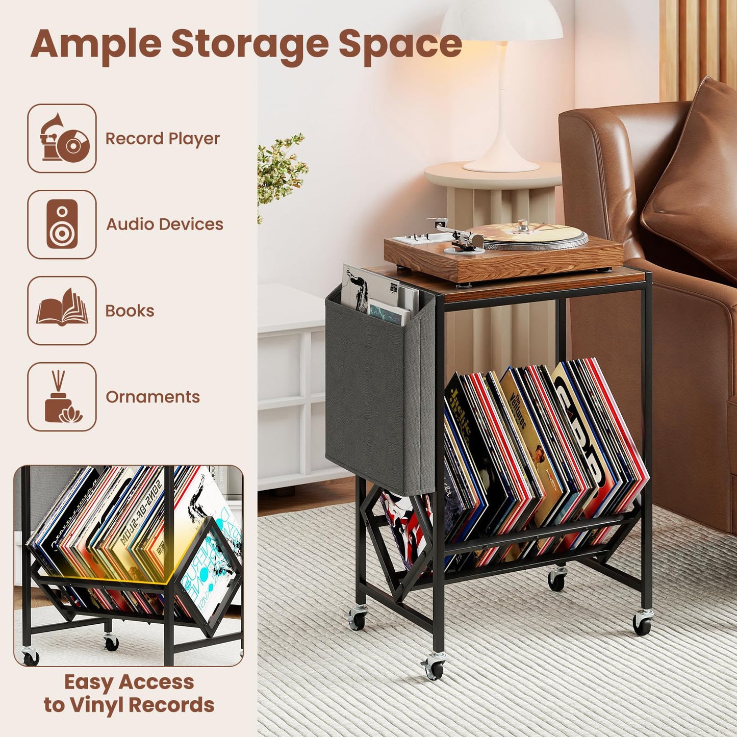 Record Player Stand, Rolling Turntable Stand End Sofa Side Table with Vinyl Shelf