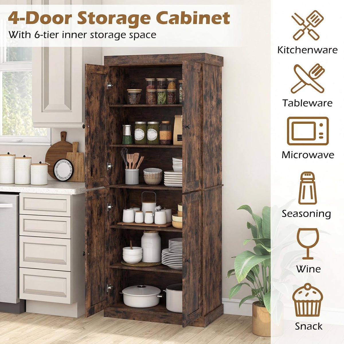 Tall Kitchen Cupboard, Pantry Storage Cabinet with 4 Doors