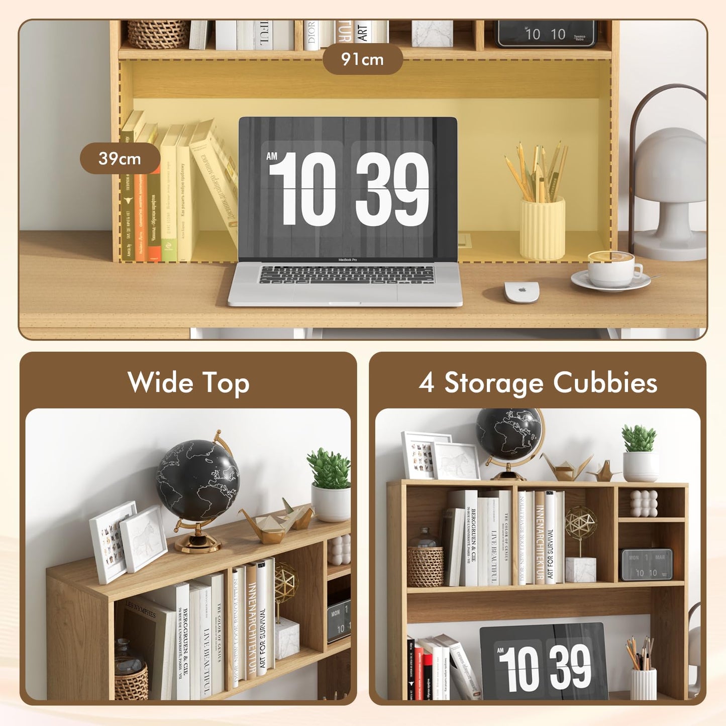 Computer Desktop Bookcase with 4 Cubbies and Open Back Compartment