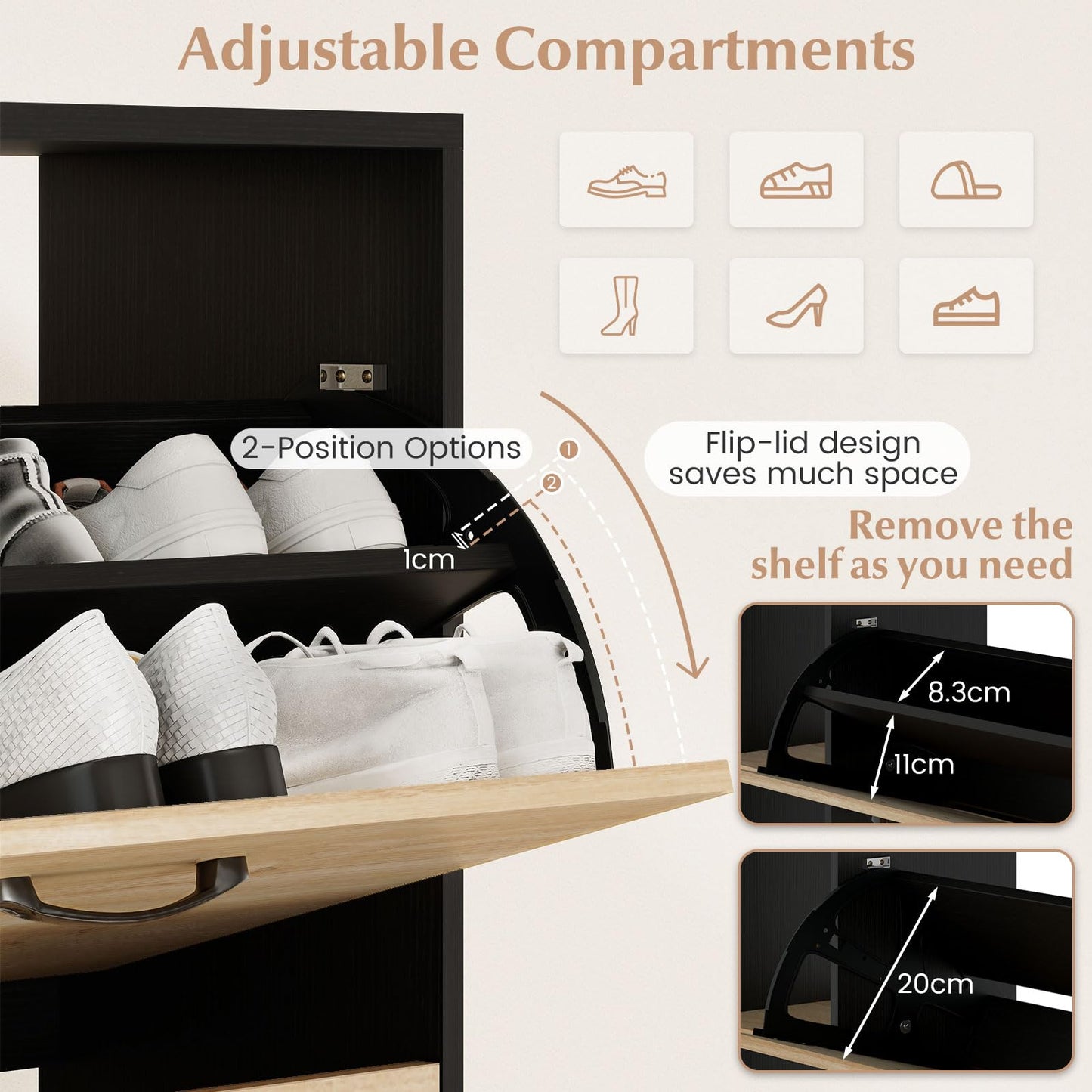 Slim Shoe Cabinet with 3 Flip Drawers, Open Shelves