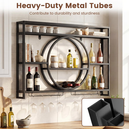 Wall Mounted Wine Rack, 5-Tier Hanging Bar Shelves with Glass Holder