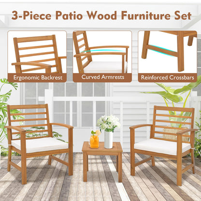 3-Piece Patio Bistro Set Acacia Wood Garden Furniture Set with Coffee Table 2 Armchairs