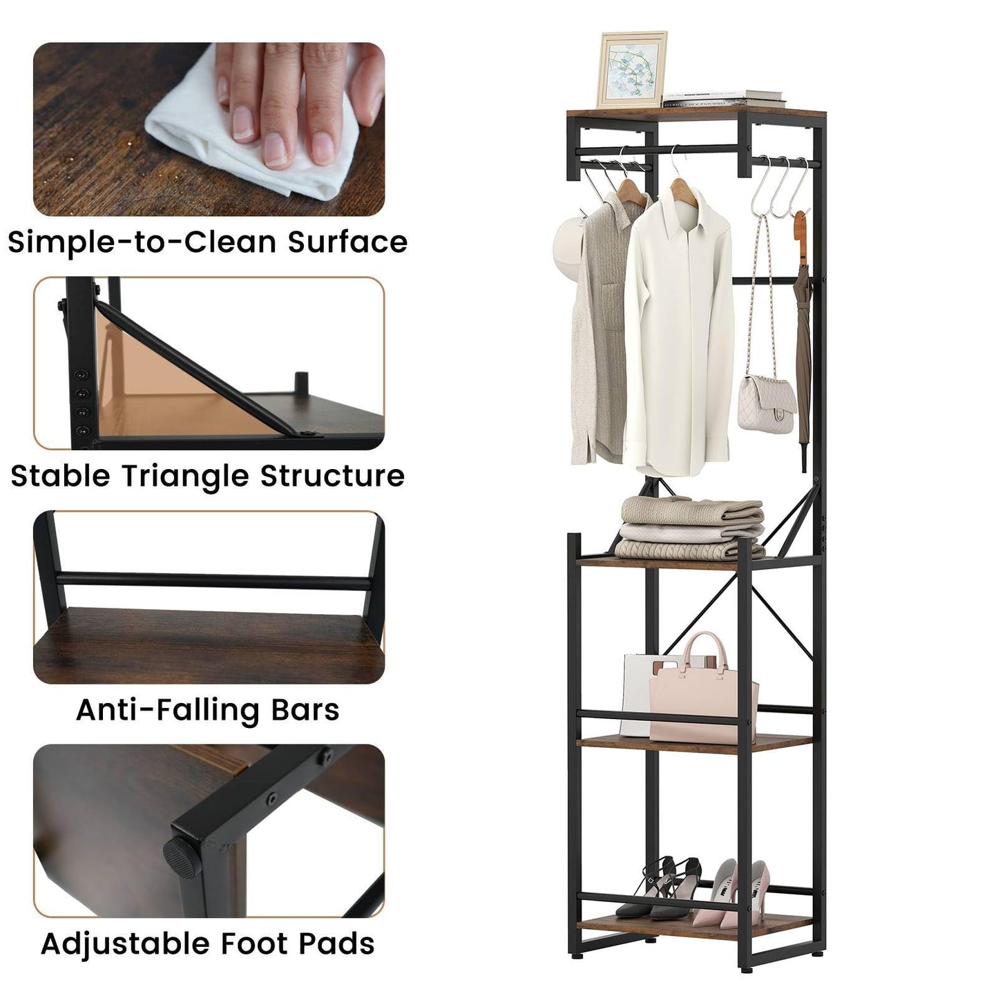 Freestanding Coat Rack Slim Hall Tree with 4 Storage Shelves