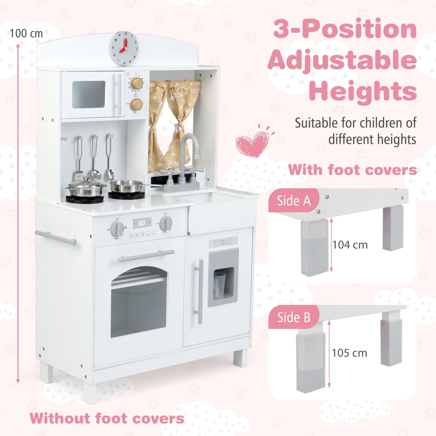 Wooden Play Kitchen for Kids with 3 Adjustable Heights with Stoves and Ice Maker